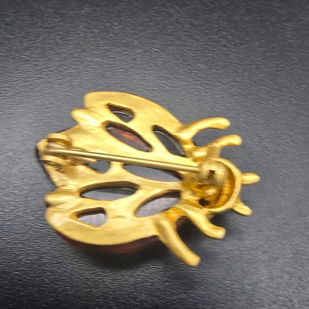 Faux Tortoise Shell Insect Bug Brooch Gold Tone Vintage Costume Jewelry
